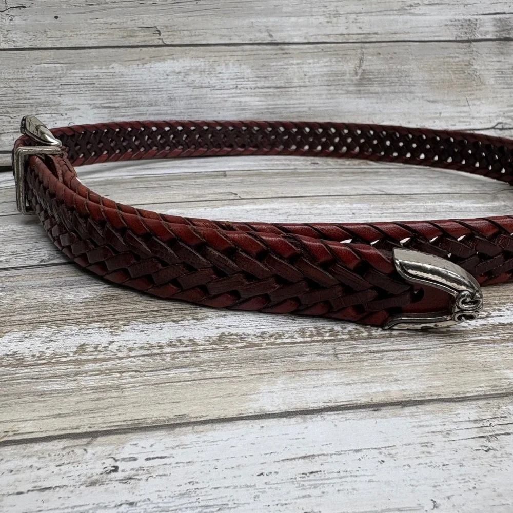 VTG‎ Fossil Braided Leather Belt Size L Brown Western Silver Buckle Rustic Boho